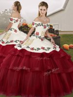 Wine Red Lace Up Off The Shoulder Embroidery and Ruffled Layers Quince Ball Gowns Tulle Sleeveless Brush Train