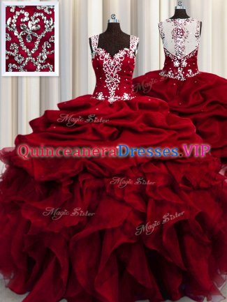 See Through Wine Red Zipper Quinceanera Dresses Beading and Ruffles and Sequins Sleeveless Floor Length