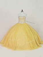 Gold Ball Gowns Beading Ball Gown Prom Dress Lace Up Tulle Sleeveless Floor Length