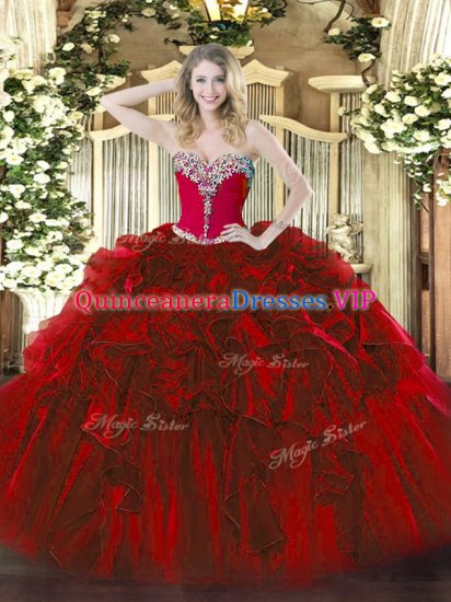 Delicate Wine Red Organza Lace Up Sweetheart Sleeveless Floor Length Quinceanera Gowns Beading and Ruffles - Click Image to Close