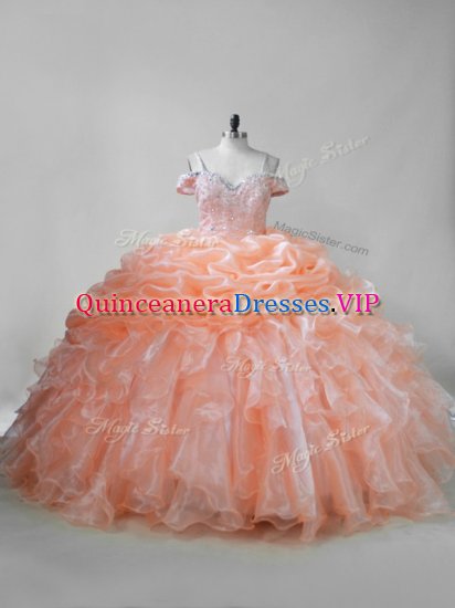 Orange Ball Gowns Beading and Ruffles and Pick Ups Ball Gown Prom Dress Lace Up Organza Sleeveless - Click Image to Close