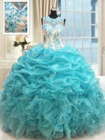 Scoop Sleeveless Quinceanera Dress Floor Length Appliques and Ruffles and Pick Ups Aqua Blue Organza