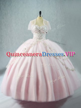 Simple Pink Ball Gowns Tulle Sweetheart Sleeveless Beading Floor Length Lace Up 15 Quinceanera Dress