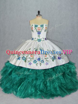 Flare Turquoise Sleeveless Floor Length Embroidery and Ruffles Lace Up 15th Birthday Dress