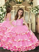 Beading and Ruffled Layers Little Girl Pageant Gowns Pink Lace Up Sleeveless Floor Length