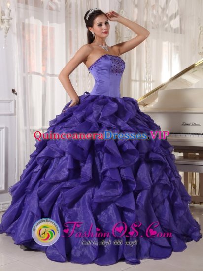 Strapless Beaded Bodice Low Price Purple Satin and Organza Floor length Quinceanera Dress with ruffles In Amherst New hampshire/NH - Click Image to Close