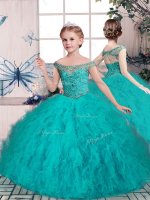 Sleeveless Tulle Floor Length Lace Up Little Girl Pageant Gowns in Teal with Beading