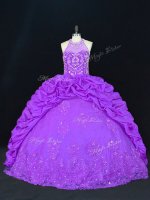 Popular Purple Ball Gowns High-neck Sleeveless Beading and Appliques and Embroidery and Pick Ups Floor Length Lace Up Quinceanera Dresses