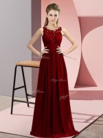 Burgundy Empire Scoop Sleeveless Chiffon Floor Length Zipper Beading and Appliques Dama Dress for Quinceanera