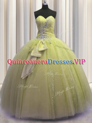 Classical Light Yellow Tulle Lace Up Military Ball Dresses Sleeveless Floor Length Beading and Sequins and Bowknot