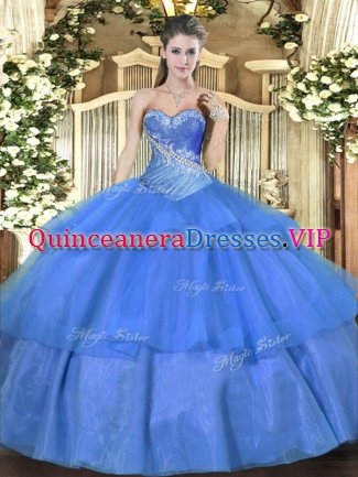 Dramatic Tulle Sweetheart Sleeveless Lace Up Beading and Ruffled Layers Court Dresses for Sweet 16 in Blue