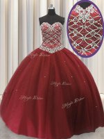 Sleeveless Floor Length Beading and Sequins Lace Up Ball Gown Prom Dress with Red