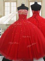 Red Lace Up Strapless Beading 15th Birthday Dress Tulle Sleeveless(SKU PSSW0560BIZ)