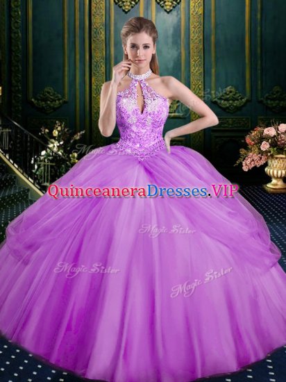 Lilac Halter Top Lace Up Beading and Pick Ups Quince Ball Gowns Sleeveless - Click Image to Close