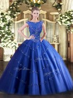 Blue Zipper Scoop Beading and Appliques Sweet 16 Dresses Tulle Sleeveless