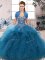 Customized Blue Lace Up Quinceanera Gown Beading and Ruffles Sleeveless Floor Length