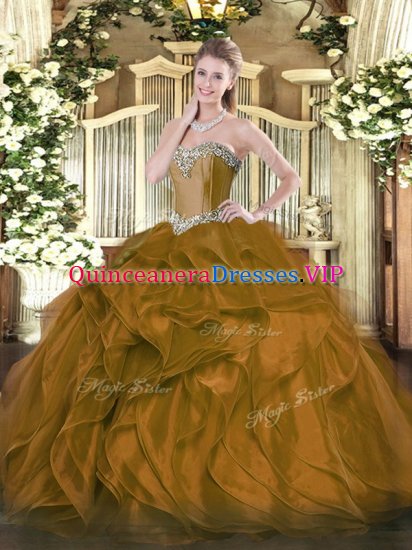 Romantic Brown Organza Lace Up Quince Ball Gowns Sleeveless Floor Length Beading and Ruffles - Click Image to Close