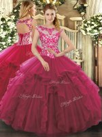 Floor Length Fuchsia Ball Gown Prom Dress Organza Sleeveless Beading and Ruffles