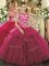 Floor Length Fuchsia Ball Gown Prom Dress Organza Sleeveless Beading and Ruffles