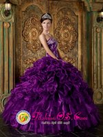Chetek Wisconsin/WI Pretty Eggplant Purple Appliques and Ruffles Decorate Bodice Quinceanera Dress For Strapless Organza Ball Gown