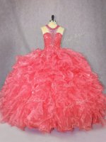 Fantastic Coral Red Quinceanera Dress Quinceanera with Beading and Ruffles Scoop Sleeveless Zipper