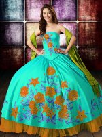 Fancy Sleeveless Satin Floor Length Lace Up Sweet 16 Dress in Multi-color with Embroidery