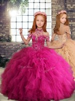 Fuchsia Sleeveless Tulle Lace Up Pageant Gowns For Girls for Party