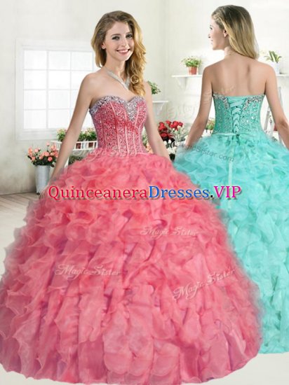 Inexpensive Watermelon Red Sleeveless Organza Lace Up Sweet 16 Quinceanera Dress for Military Ball and Sweet 16 and Quinceanera - Click Image to Close