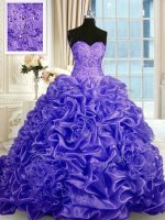 Best Selling Purple Ball Gowns Organza Sweetheart Sleeveless Beading and Pick Ups Lace Up Quinceanera Gown Sweep Train