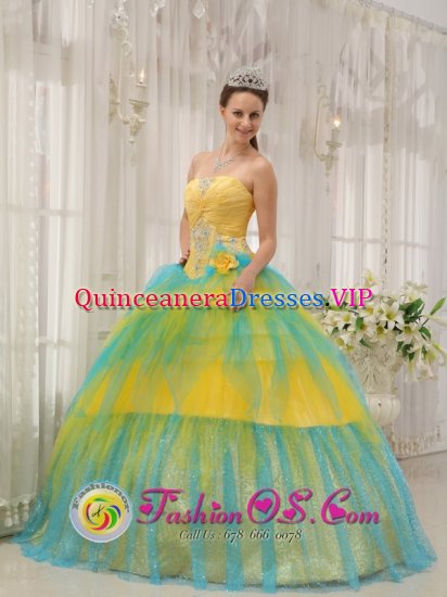 Sachse TX Beading and Ruch Brand New Yellow and Blue Quinceanera Dress For Winter Strapless Tulle Popular Ball Gown - Click Image to Close