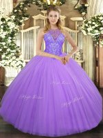 Latest Lavender Ball Gowns High-neck Sleeveless Tulle Floor Length Lace Up Beading Vestidos de Quinceanera