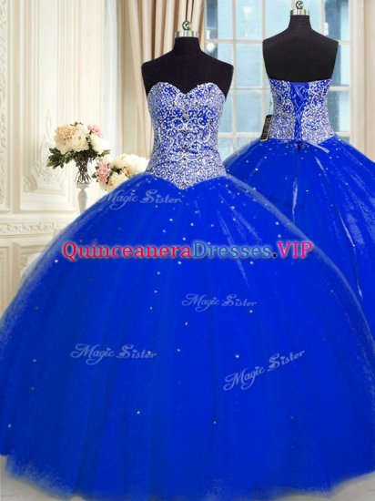 Sweetheart Sleeveless Sweet 16 Quinceanera Dress Floor Length Beading and Sequins Royal Blue Tulle - Click Image to Close