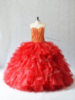 Red Ball Gowns Sweetheart Sleeveless Organza Floor Length Lace Up Beading and Ruffles Quinceanera Dress