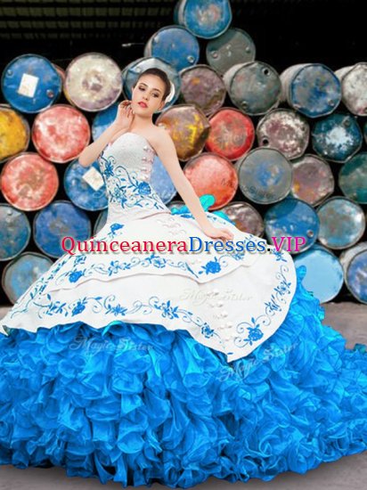 Ball Gowns 15 Quinceanera Dress Blue And White Halter Top Organza Sleeveless Floor Length Lace Up - Click Image to Close