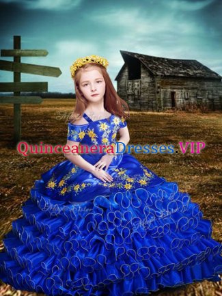 Floor Length Royal Blue Pageant Dresses Organza Short Sleeves Embroidery and Ruffled Layers