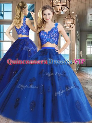 Royal Blue Two Pieces V-neck Sleeveless Tulle Floor Length Zipper Lace and Appliques Sweet 16 Dresses