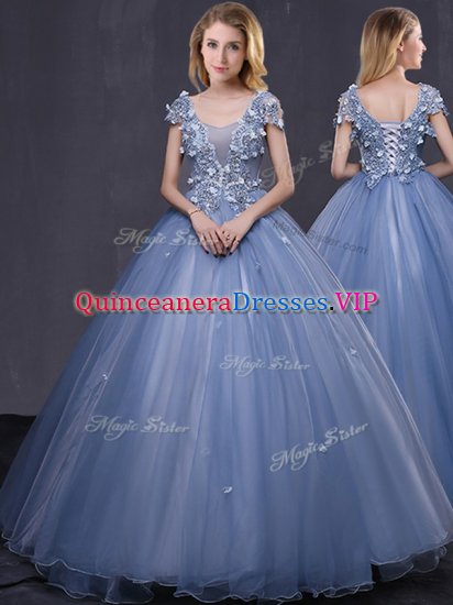 Scoop Floor Length Lavender Quince Ball Gowns Tulle Short Sleeves Appliques - Click Image to Close
