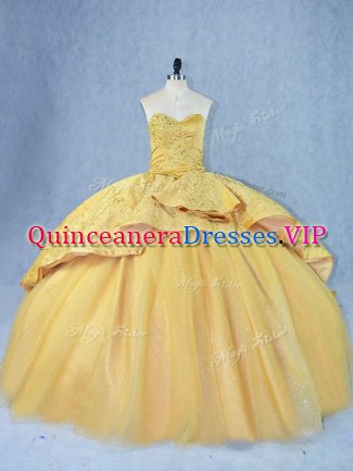 Gold Quince Ball Gowns Sweet 16 and Quinceanera with Beading and Appliques Sweetheart Sleeveless Court Train Lace Up