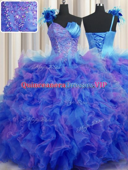 Smart Handcrafted Flower Multi-color Tulle Lace Up One Shoulder Sleeveless Floor Length Vestidos de Quinceanera Beading and Ruffles and Hand Made Flower - Click Image to Close