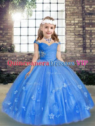 Excellent Sleeveless Tulle Floor Length Lace Up Custom Made Pageant Dress in Blue with Beading and Hand Made Flower