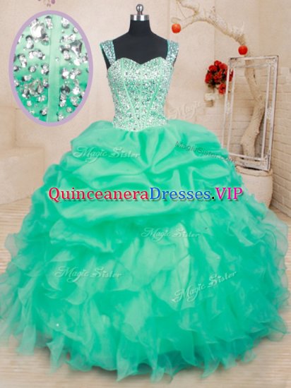 Smart Straps Sleeveless Organza Floor Length Lace Up Sweet 16 Dress in Turquoise with Beading and Ruffles and Pick Ups - Click Image to Close