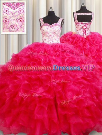 Straps Sleeveless Floor Length Embroidery and Ruffles Lace Up Quinceanera Gowns with Hot Pink