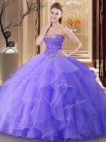 Affordable Lavender Sleeveless Floor Length Beading Lace Up Ball Gown Prom Dress