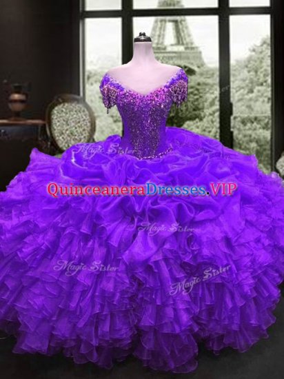 Organza Sweetheart Cap Sleeves Lace Up Beading and Ruffles Vestidos de Quinceanera in Purple - Click Image to Close