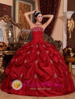 Porto Cristo Spain Customize Pick-ups and Appliques Wine Red Strapless Taffeta Quinceanera Dress