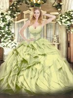 Flirting Olive Green Ball Gowns Organza Sweetheart Sleeveless Beading and Ruffles Floor Length Lace Up Sweet 16 Dresses