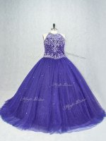 Flirting Scoop Sleeveless Quinceanera Gown Brush Train Beading Purple Tulle(SKU PSSW1042-1BIZ)