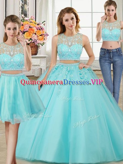 Three Piece Scoop Sleeveless Zipper Ball Gown Prom Dress Aqua Blue Tulle - Click Image to Close