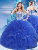 Royal Blue Ball Gowns Beading and Ruffles and Sequins Quinceanera Gowns Lace Up Organza Sleeveless Floor Length