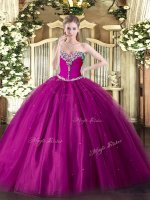 Edgy Sleeveless Floor Length Beading Lace Up Sweet 16 Dress with Fuchsia